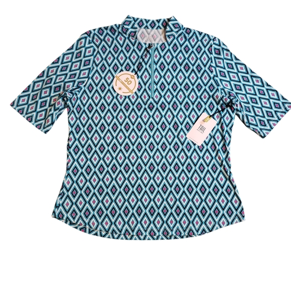 TAIL Geometric Patterned Top in Blue Pink Black Zip Golf Pullover - Picture 1 of 7